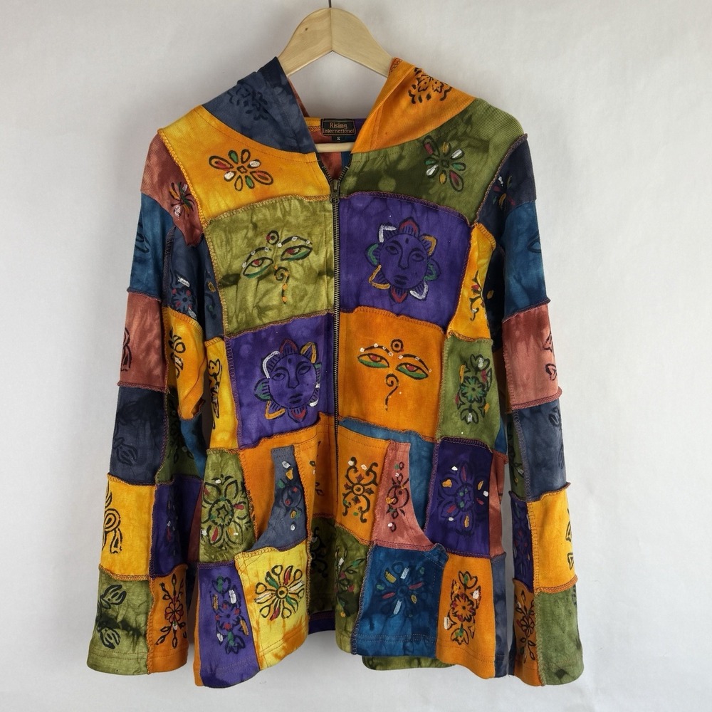 Hippie Boho Patchwork Hoodie Size Small Y2K Full Zip Festival 420 Grunge Skater